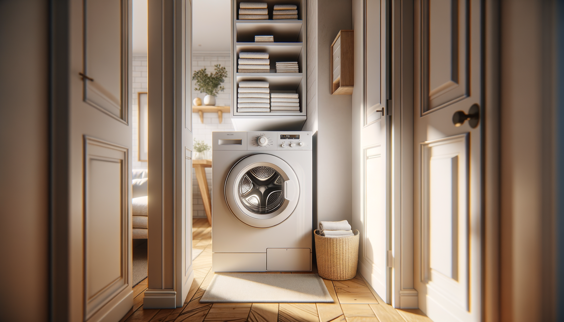 Compact washer-dryer combo unit installed in a small apartment laundry closet with folded towels on top
