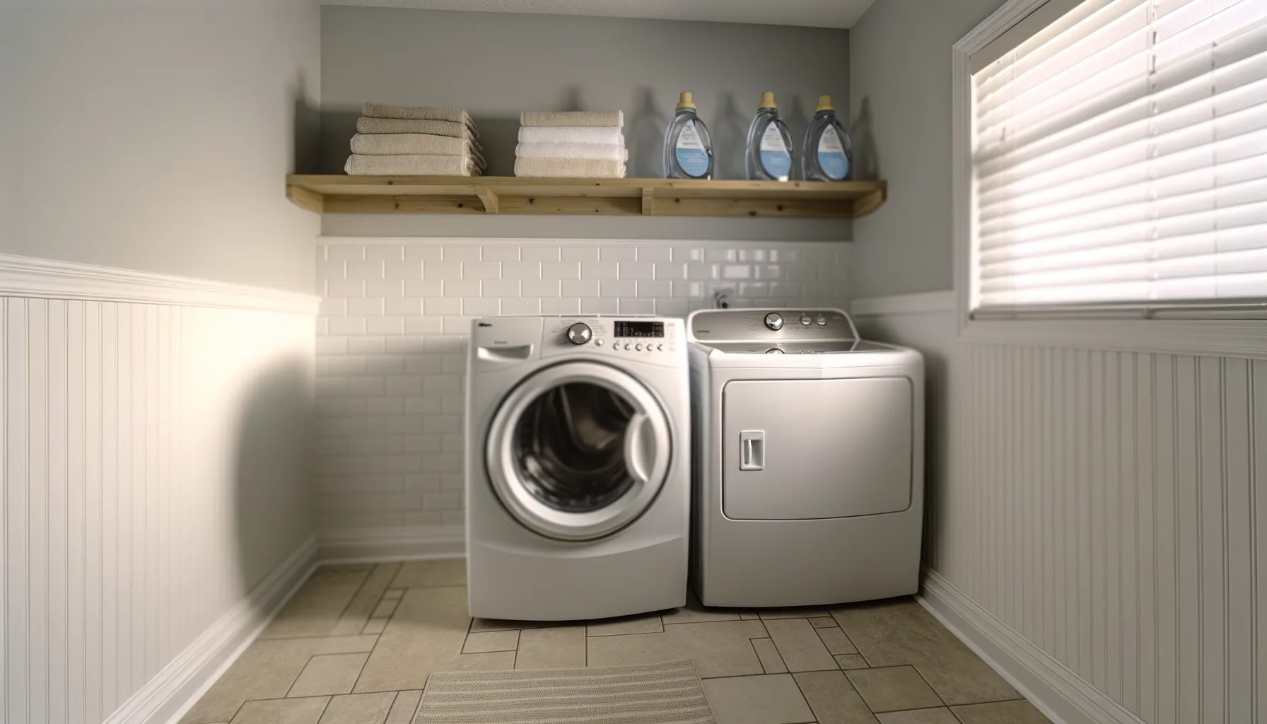 A bright, modern laundry room in a Kansas City home featuring a pristine white front-loading washer and dryer pair sitting side-by-side on a clean tile floor, with natural light streaming through a ne