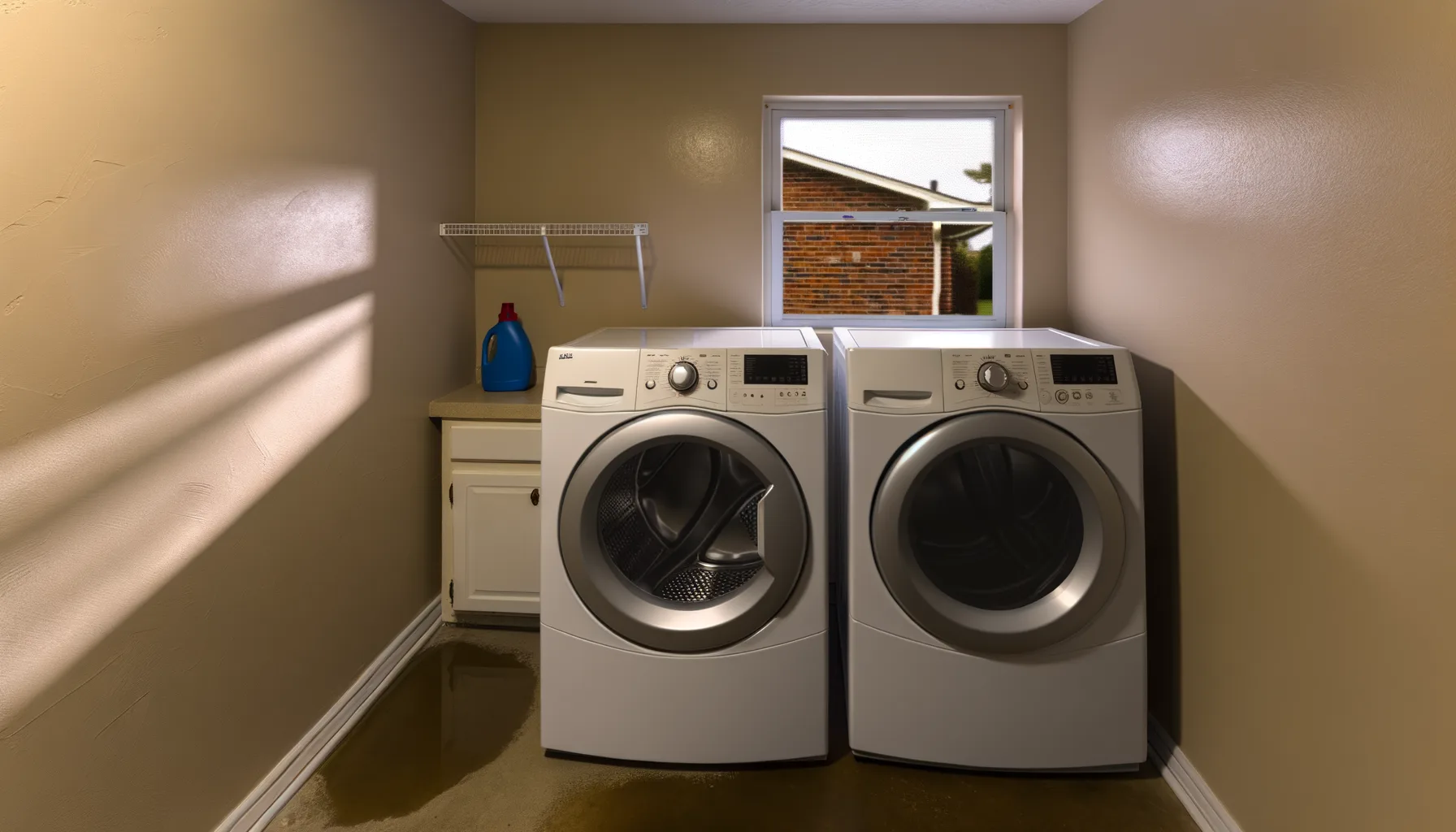 A modern laundry room with sleek rental-quality appliances including a pristine white front-loading washer and dryer set against clean walls, contrasted subtly with warning signs of appliance problems
