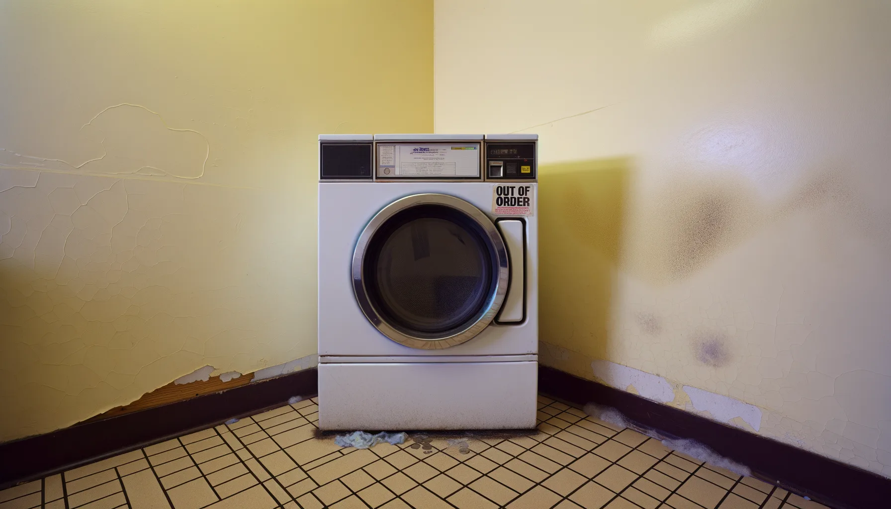 A worn, out-of-order front-loading washing machine sits in a dimly lit apartment laundry room with chipped tile flooring and pale yellow walls showing water stains, with a handwritten "Out of Order" s